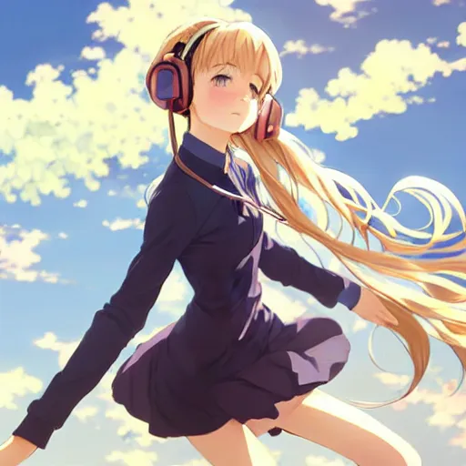 Image similar to painting of a cute girl wearing headphones in the style of violet evergarden, beautiful anime art style, winged eyelashes, countryside, calm, fantasy character portrait, dark outlines, dynamic pose, above view, sunny day, artwork by makoto shinkai, very coherent asymmetrical artwork, sharp edges, perfect face, simple form, 1 0 0 mm