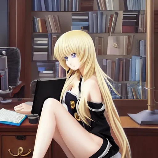 Prompt: blonde anime girl with long hair, wearing headmistress uniform, sophisticated young woman, pantyhose, authority, sitting in dean's office, ornate designs on desk, sharp details, subsurface scattering, intricate details, art by artgerm, anime, anime hd wallpaper, 2 0 1 9 anime screenshot