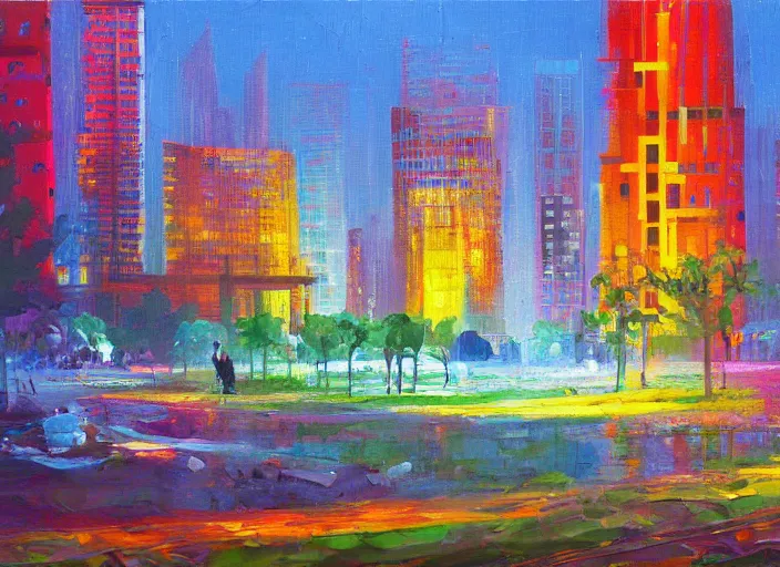 Prompt: bright beautiful oil painting of a futuristic city park by Alexander Labas