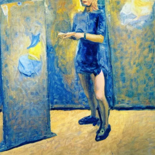 Prompt: A performance art. A rip in spacetime. Did this device in her hand open a portal to another dimension or reality?! warm blue by Leon Kossoff