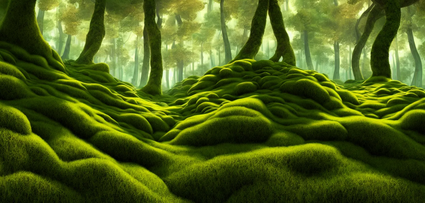 Image similar to random forest landscape, moss, incredible, vector art, octane render, fabulous, hyper detailed, random cinematic view, no noise, global illumination, warm lighting, volumetric, godrays, vivid, beautiful, style brian miller