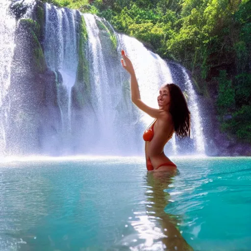 Prompt: beautiful woman swimming under a waterfall