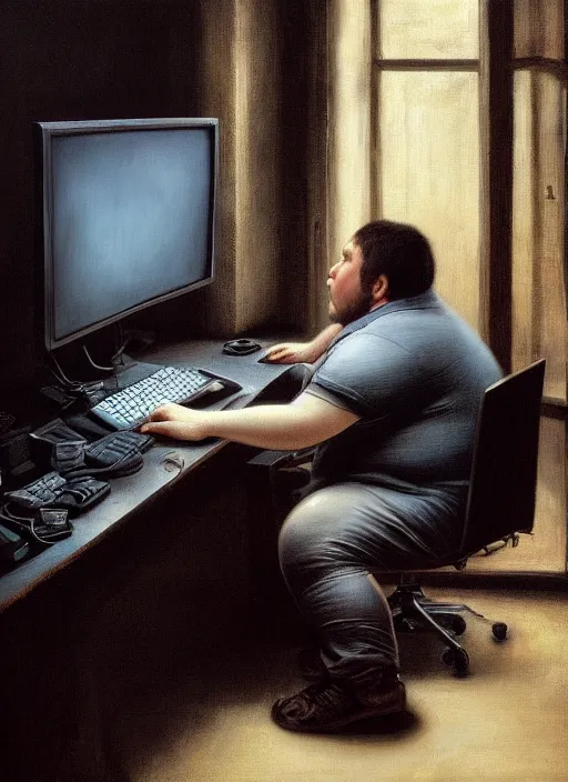 Image similar to insanely detailed chiaroscuro image of a exhausted - looking slightly ( ( ( overweight ) ) ) casually - dressed programmer guy on his knees facing his glowing ultrawide computer monitor monitor begging it for forgiveness, oil on canvas, masterwork, fine detail, trending on artstation, emotive, insanely compelling, ryden, koons, moebius