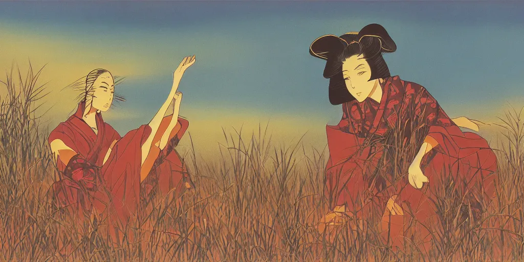 Image similar to anime woman in the savannah at golden hour by kitano tsunetomi, 1 9 3 9