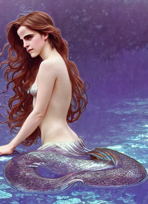 Prompt: Emma Watson as mermaid swimming underwater, full body shot, cute, fantasy, intricate, elegant, highly detailed, digital painting, 4k, HDR, concept art, smooth, sharp focus, illustration, art by alphonse mucha,artgerm, H R Giger