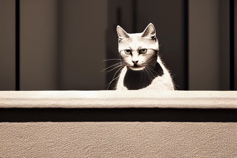 Image similar to vfx film closeup, cat on a window ledge, flat color profile low - key lighting award winning photography arri alexa cinematography, hyper real photorealistic cinematic, atmospheric cool colorgrade