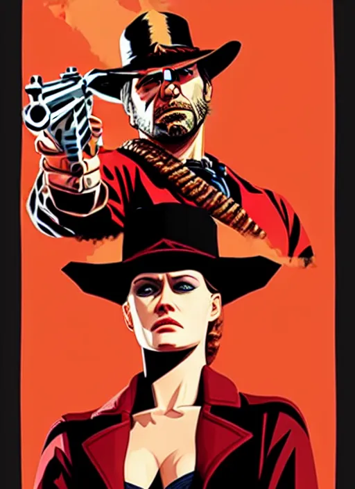 Image similar to a Red Dead Redemption poster of Evan Rachel Wood as Dolores, in the show Westworld, poster artwork by Michael Whelan and Tomer Hanuka, clean