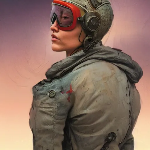 Image similar to tattooed dirty stoic butch heroic emotionless blonde woman engineer in tattered dirty flight suit, very short messy hair, victorian goggles, back pose, crossing primitive hostile alien desert, clouds of red dust, highly detailed, digital painting, artstation, concept art, matte, sharp focus, illustration, art by moebius and artgerm and greg rutkowski