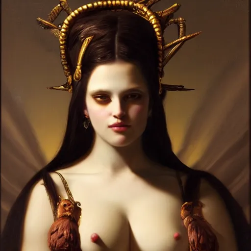 Prompt: Portrait of the godess astarte by roberto ferri, realistic oil painting, baroque, 4k, dark background.
