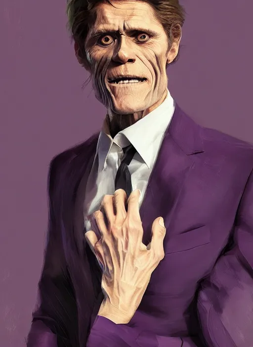 Image similar to willem dafoe wearing a dark purple suit, elegant, digital painting, concept art, smooth, sharp focus, illustration, by ruan jia and mandy jurgens and artgerm and william - adolphe bouguerea