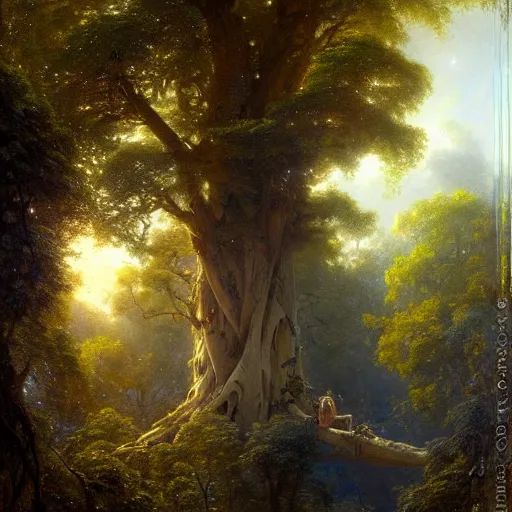 Prompt: a giant big tall tree lush with leaves and branches, with a big window up in the canopy, someone is inside the window looking out to the milky way. highly detailed painting by gaston bussiere, greg rutkowski 8 k