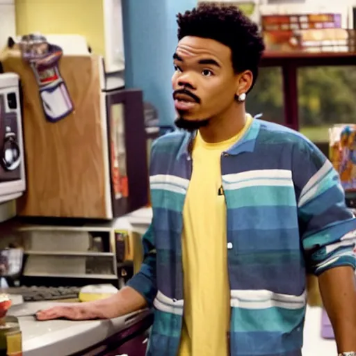 Image similar to a tv still of Chance The Rapper starring as a college student in a 1998 sitcom, 40mm lens