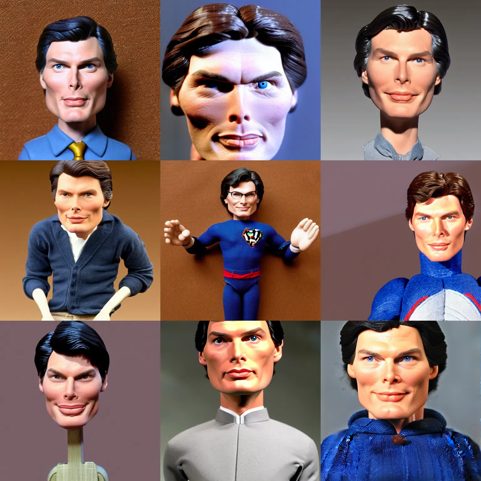 Prompt: christopher reeve !!! very extremely realistic!!! extreme likeness!!! smooth specular clay! extremely close smooth specular sculpted headshot of christoper reeve clay puppet , soft light, on wooden table. style: claymation puppet kids clay , by guldies