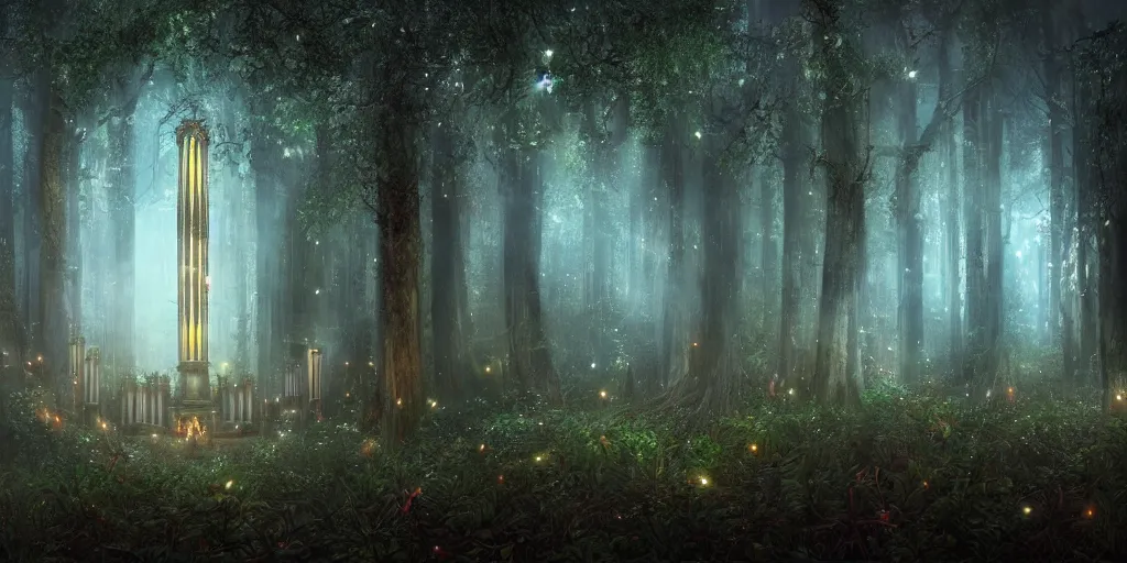 Prompt: beautiful matte painting of a pipe organ made of trees growing in a dark overgrown fantasy forest with fairy lights and ground fog
