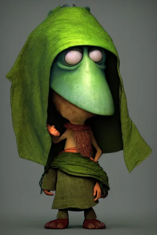 Image similar to A cute shaman from a Pixar movie with no nose, glowing eyes and a very long hooded dark green cloak of leaves by Julien Kaspar, 3D render, stylized, Cycles Render