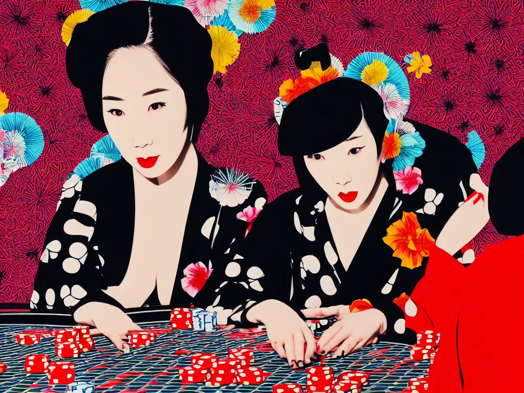 Image similar to hyperrealistim composition of the detailed single woman in a japanese kimono sitting at a extremely detailed poker table with darth vader, fireworks, river on the background, pop - art style, jacky tsai style, andy warhol style, acrylic on canvas