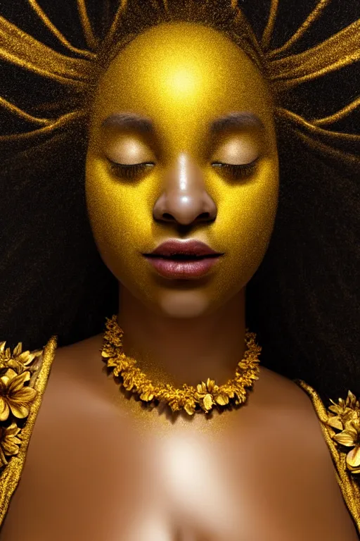 Image similar to hyperrealistic neo rococo cinematic very expressive! black oshun goddess, open eyes, body in water, mirror dripping droplet!, gold flowers, highly detailed face, digital art masterpiece, smooth eric zener cam de leon dramatic pearlescent teal light, ground angle uhd 8 k, sharp focus