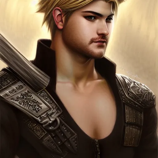 Image similar to Cody Christian as Cloud Strife, western, D&D, fantasy, intricate, elegant, highly detailed, digital painting, artstation, concept art, matte, sharp focus, illustration, art by Artgerm and Greg Rutkowski and Alphonse Mucha