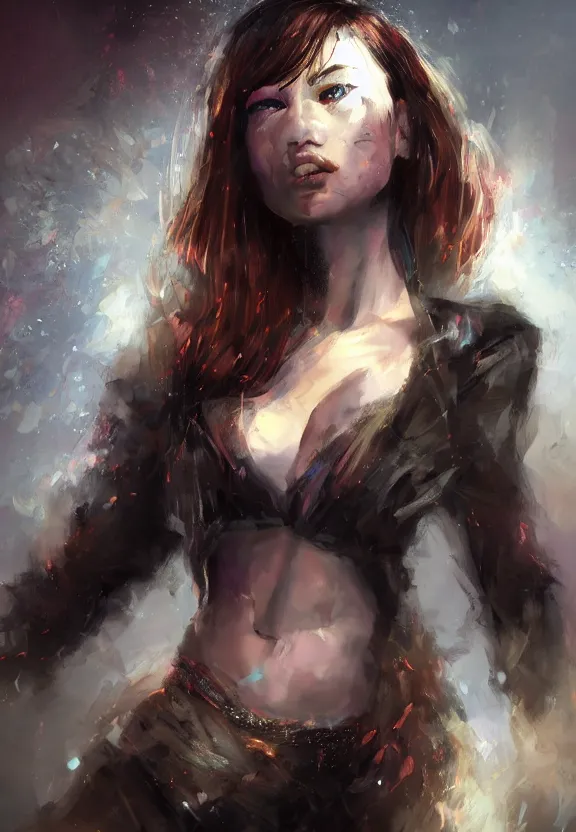 Prompt: digital illustration of a girl with eyes that burn like cigarettes wearing a short skirt and a long jacket with fingernails that shine like justice, dramatic lighting, photorealistic, full body portrait, detailed anatomy, extreme detail, 4 k, colorful, artgerm and craig mullins, detailed face, f / 2. 8