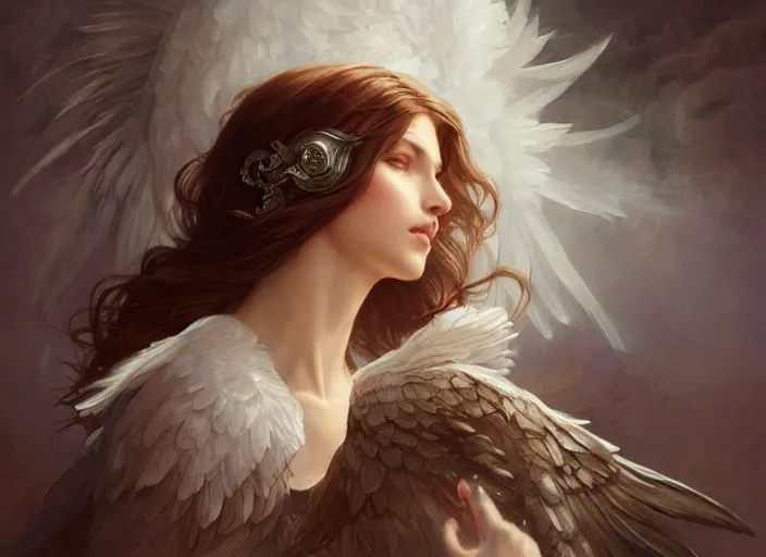 Prompt: a beautiful angel with feathered white wings, d & d, face, fantasy, intricate, elegant, highly detailed, digital painting, artstation, concept art, smooth, sharp focus, illustration, art by artgerm and greg rutkowski and alphonse mucha
