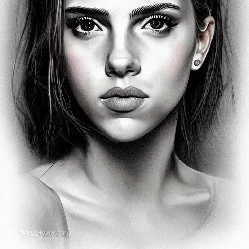 Image similar to portrait of girl who look like a mix of emma watson, scarlett johansson, nathalie portman, very detailled, by artgem