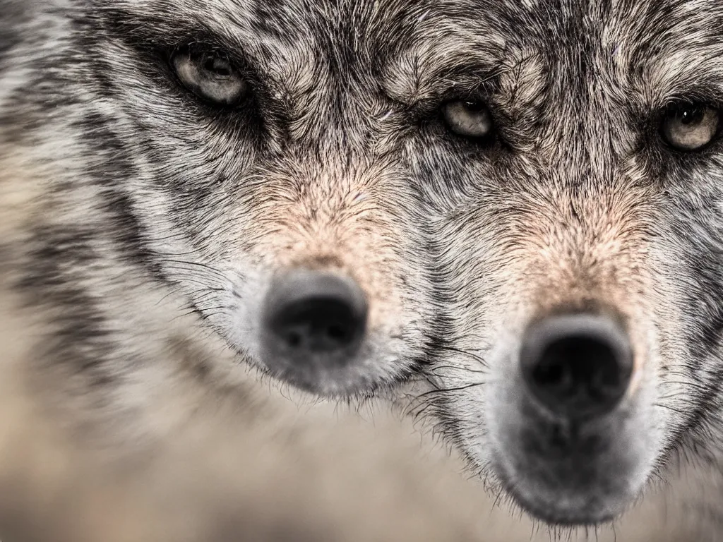 Prompt: ultra detailed photo, extreme close up of wolf face, telephoto lens