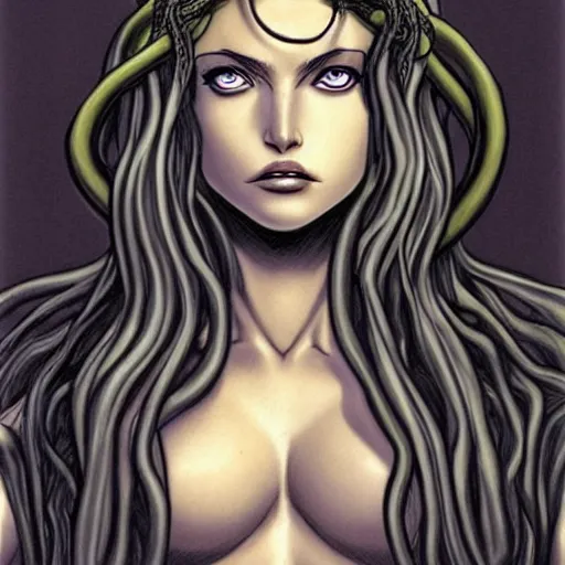 Prompt: beautiful head of medusa from greek mythology in berserk manga, angelina jolie seductive expression, big snakes heads with open mouth, snakes in place of hair, manga drawing, hyperdetailed, 8 k realistic, by kentaro miura