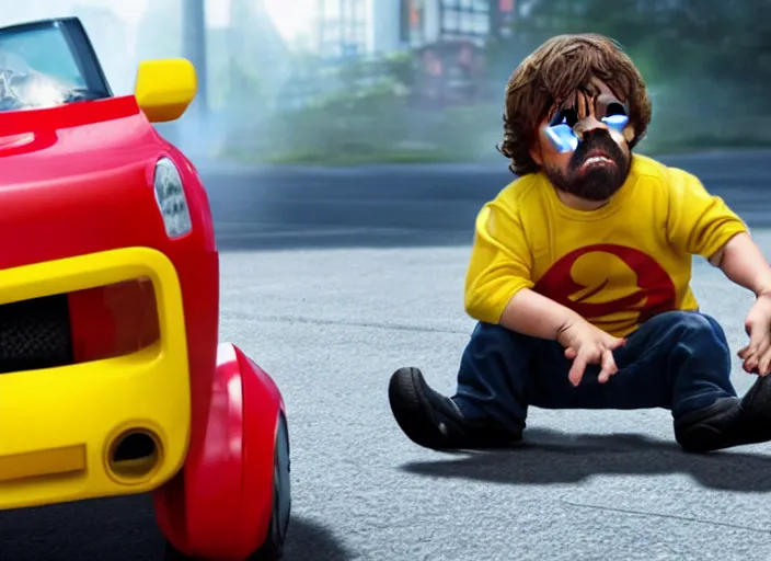 Prompt: peter dinklage driving a little tikes car, movie still, from the new fast and furious movie, 8 k, realistic