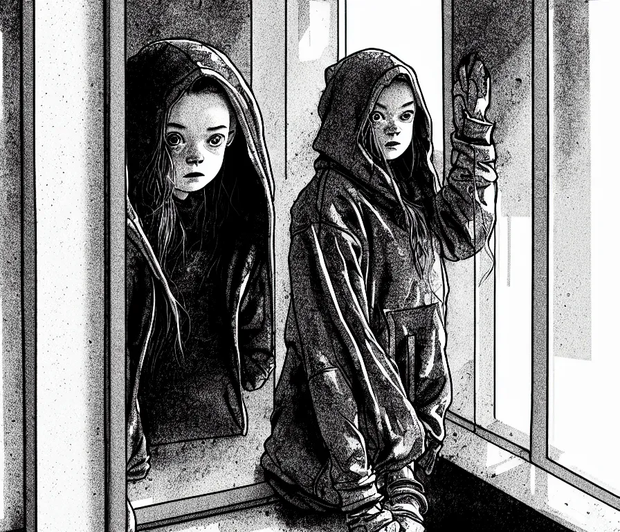 Image similar to sadie sink in hoodie sits, knees tucked in, on windowsill | rain falls at night : b & w storyboard drawing, scifi cyberpunk. by gabriel hardman, joe alves, chris bonura. cinematic atmosphere, detailed and intricate, perfect anatomy