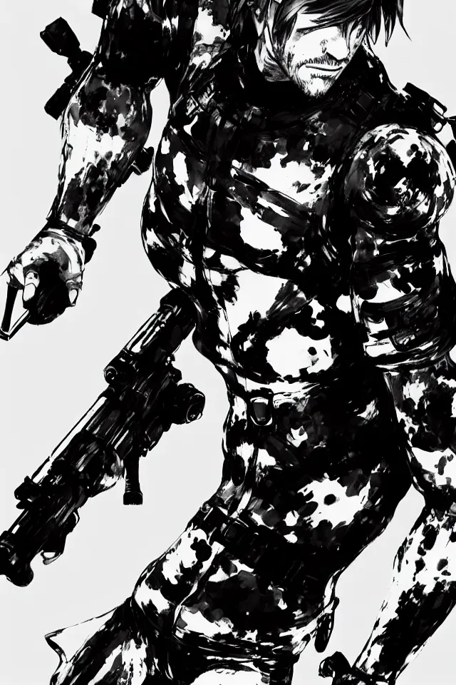 Image similar to a full - body portrait of the tiktoker anna banana, in yoji shinkawa's art style, metal gear solid art style, highly detailed, 4 k, artistic, white background, b & w