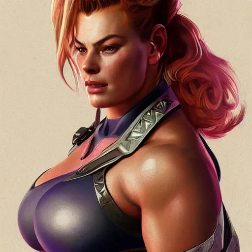 Image similar to full figure ultra realistic illustration, zarya from overwatch played by margot robbie, intricate, elegant, highly detailed, digital painting, artstation, concept art, smooth, sharp focus, illustration, art by artgerm and greg rutkowski and alphonse mucha