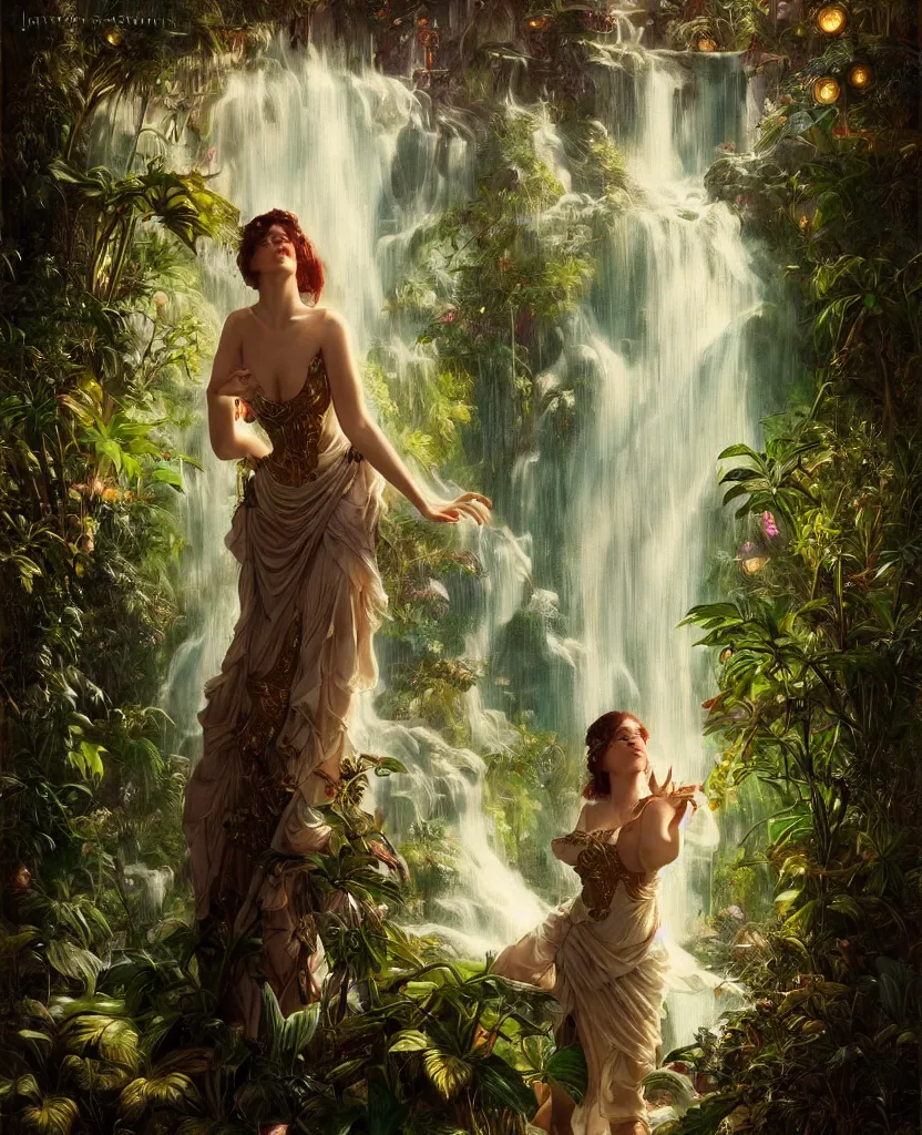 Image similar to hyper realistic photographer looking through a vintage medium format camera, magic pouring from lens, fantasy castle, full body waterfall dress, design on white background, beautiful details, lush foliage cyberpunk, gold, drawn by john singer sargent, tom bagshaw, norman rockwell, alphonso mucha, lolish, trending on artstation