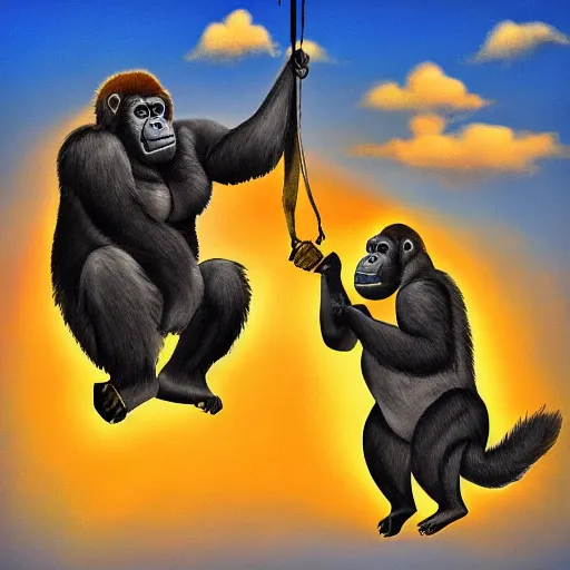 Image similar to gorilla and kangaroo boxing, on a flying banana in the sky, high quality, highly detailed, photorealistic,