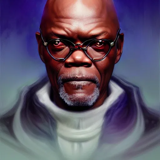 Prompt: Samuel L. Jackson as a fantasy magic man, portrait, sci-fi, amber eyes, face, fantasy, intricate, elegant, highly detailed, digital painting, artstation, concept art, smooth, sharp focus, illustration, art by artgerm and greg rutkowski and alphonse mucha