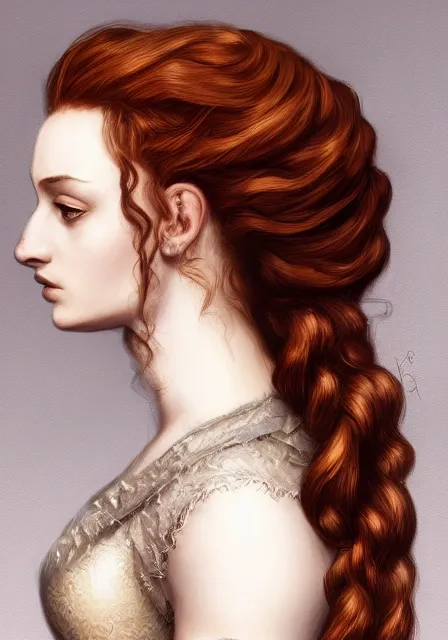 Prompt: sansa portrait in profile with a complex hairstyle with lots of curls, intricate, elegant, highly detailed, digital painting, artstation, concept art, smooth, sharp focus, illustration, pre - raphaelite style