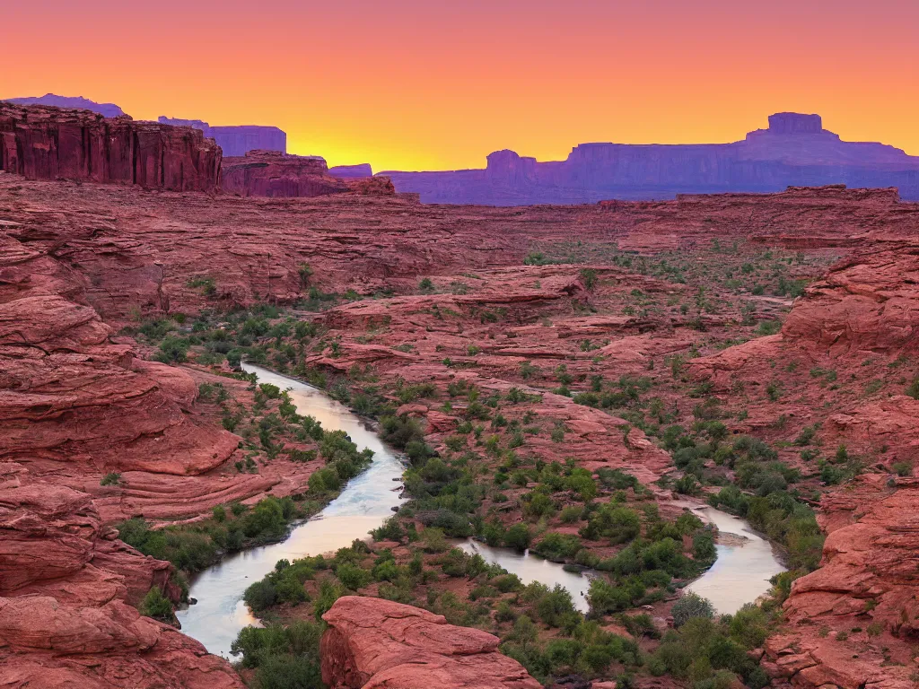 Image similar to “a river bend running through a canyon surrounded by desert mountains at sunset, moab, utah, a tilt shift photo by Frederic Church, trending on unsplash, hudson river school, photo taken with provia, national geographic photo”