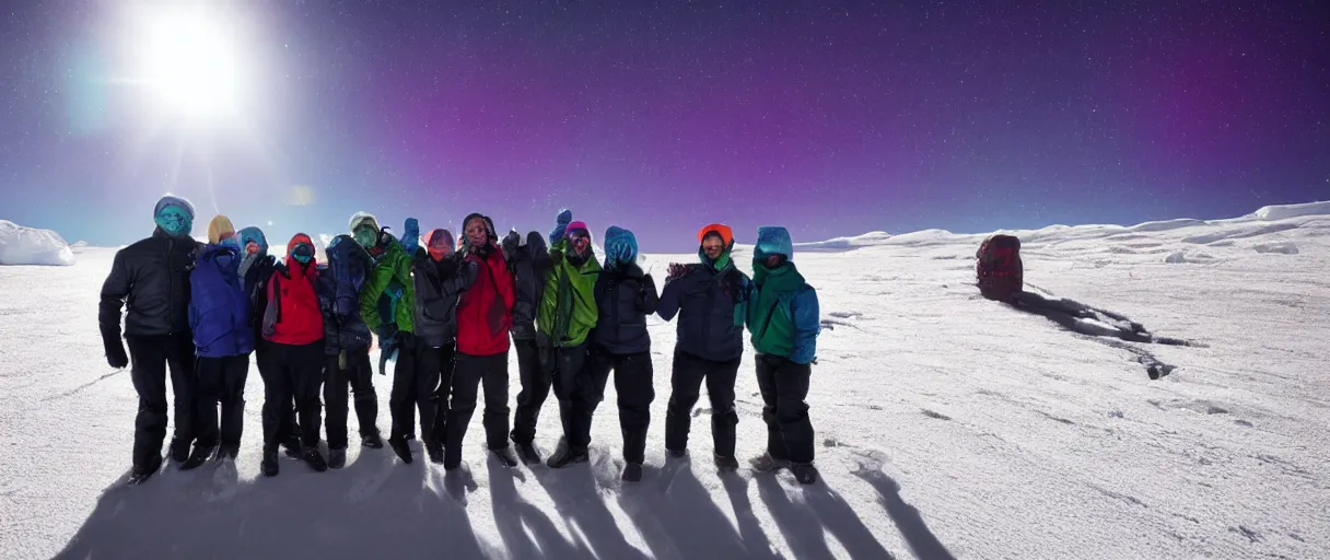 Prompt: a creepy backlit hyper detailed photo realistic vivid close up photograph of a group of six complete people in the snow at night aurora borealis in antarctica running through mcmurdo station base screaming oh my god