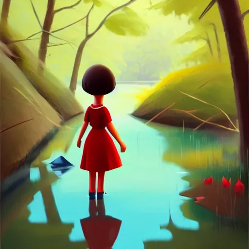 Image similar to goro fujita ilustration brunette girl in red dress crossing ( a small river in a forest ), painting by goro fujita, sharp focus, highly detailed, artstation