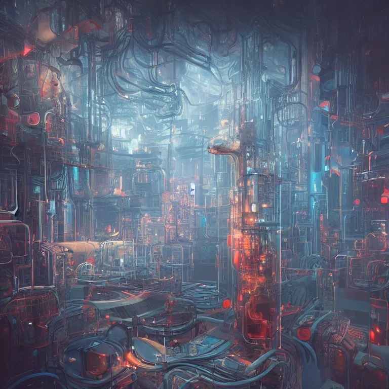 Image similar to the nexus of a vast modern computing center and a mad alchemist\'s lab with exposed circuit boards, nixie tubes and tesla coils. immaculate octane redshift concept art render by Zdzisław Beksiński and beeple, beautiful modern colors, ultradetailed, 4k ultra