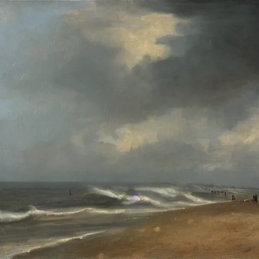 Prompt: painting of Scheveningen beach in a thunderstorm, dramatic