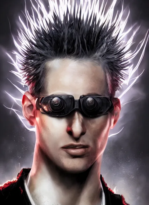 Image similar to An epic fantasy comic book style portrait painting of young man with long red spiked hair. Wearing a black waistcoat, white shirt, using googles. Rockstar. Blasting fire on his hands. Unreal 5, DAZ, hyperrealistic, octane render, cosplay, RPG portrait, dynamic lighting