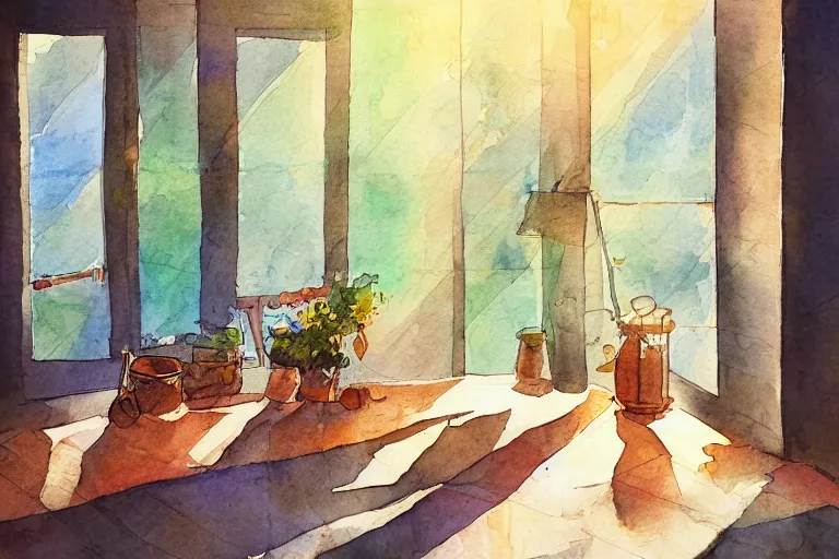 Image similar to rays of the morning sun shining through the window of the village house. very beautiful, clear sky, warm shiny colors, watercolor drawing