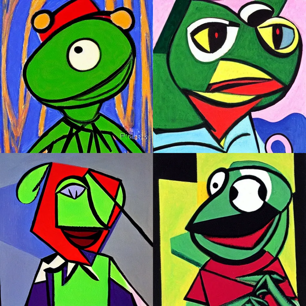 Prompt: Kermit the Frog portrait, cubist painting by Pablo Picasso