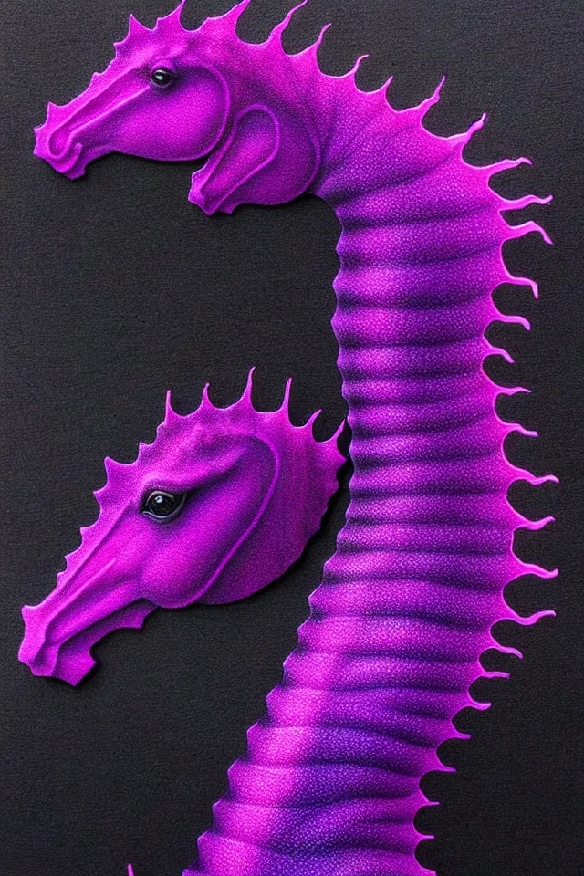 Prompt: a portrait statue of a purple seahorse, black paper, beautiful intricate painting by kokaris