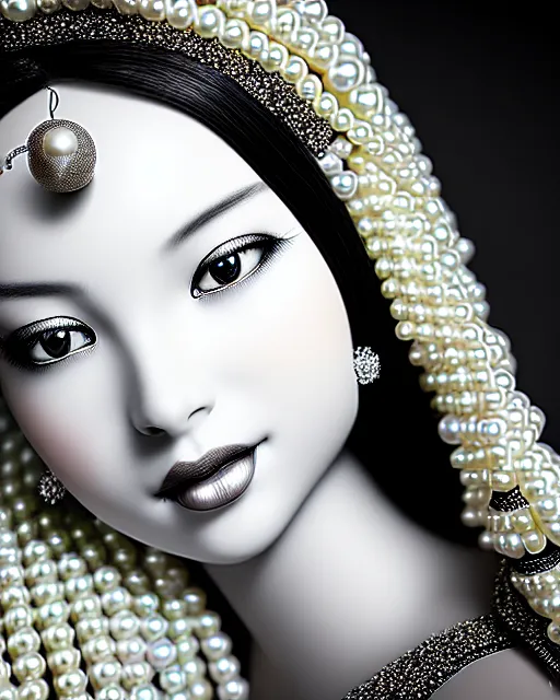 Image similar to black and white dreamy young beautiful female artificial intelligence, realistic pearl ornament in the face, long hair are intricate with highly detailed realistic pearls, cinematic, rim light, bokeh, photo - realistic, elegant, high detail, 8 k, masterpiece, photo taken in 1 9 3 0