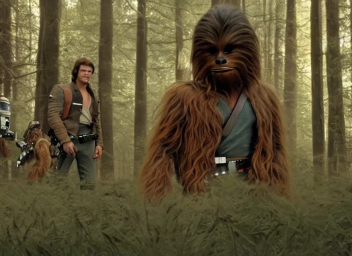 Image similar to screenshot of portrait Han Solo surrounded by wookies on forest planet, iconic scene from 1970s film by Stanley Kubrick, the lost Star Wars Film, moody hazy lighting, stunning cinematography, hyper-detailed, crisp, anamorphic lenses, kodak color film stock, 4k, very detailed, hyper real render