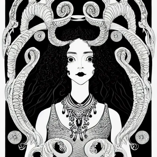 Image similar to filigree detailed illustration portrait of a profile of gypsy girl with long curly hair and big goat horns on her head, aubrey beardsley, tomer hanuka, makoto shinkai