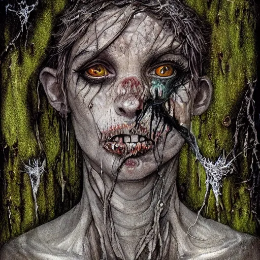 Prompt: realistic portrait undead creature made of rotting driftwood and moss. heald together by spiderwebs and fungi, dungeons and dragons, by Elodie Mondoloni, detailed intricate ink illustration, dark atmosphere, detailed illustration, hd, 4k, digital art, overdetailed art, concept art, by greg rutkowski, by loish, complementing colors, Trending on artstation, deviantart