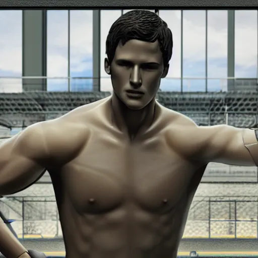 Image similar to a realistic detailed photo of a guy who is an attractive humanoid who is half robot and half humanoid, who is a male android, attractive and handsome soccer players, shiny skin, posing like a statue, blank stare, in a factory, on display, showing off his muscles, wearing soccer shorts, side view, looking at each other mindlessly