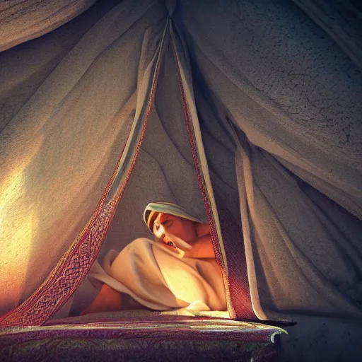 Image similar to 12 year old middle eastern skinned boy with short hair and Biblical clothing sleeping. Interior of ancient tent. Nightime. Light rays shine onto his body. Miraculous. Spiritual. dramatic angle, 8k hdr pixiv dslr photo by Makoto Shinkai and Wojtek Fus